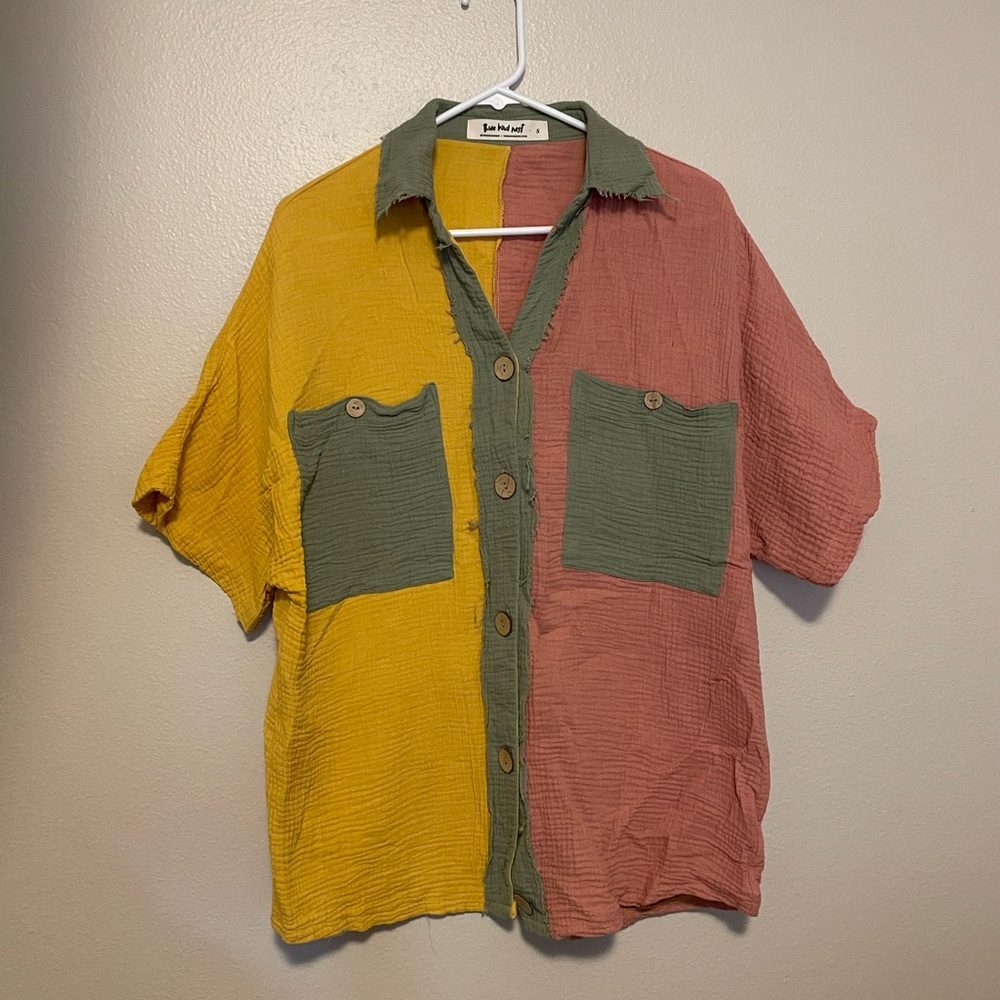 Three Bird Nest Pink and Yellow Button Down Shirt